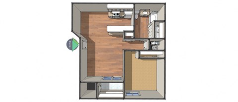Floor plan for 1 bed, 1 bath, 676 sqft